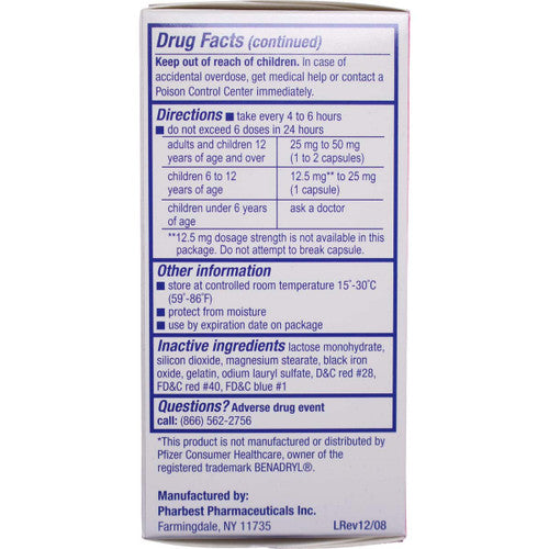 PHARBEDRYL ALLERGY RELIEF DIPHENHYDRAMINE HCL 25MG CAPS 24CT
