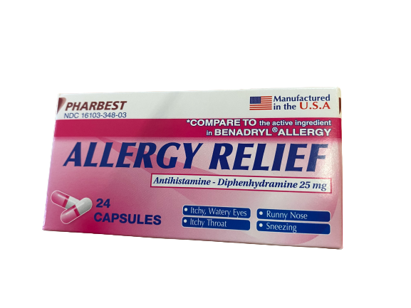 PHARBEDRYL ALLERGY RELIEF DIPHENHYDRAMINE HCL 25MG CAPS 24CT