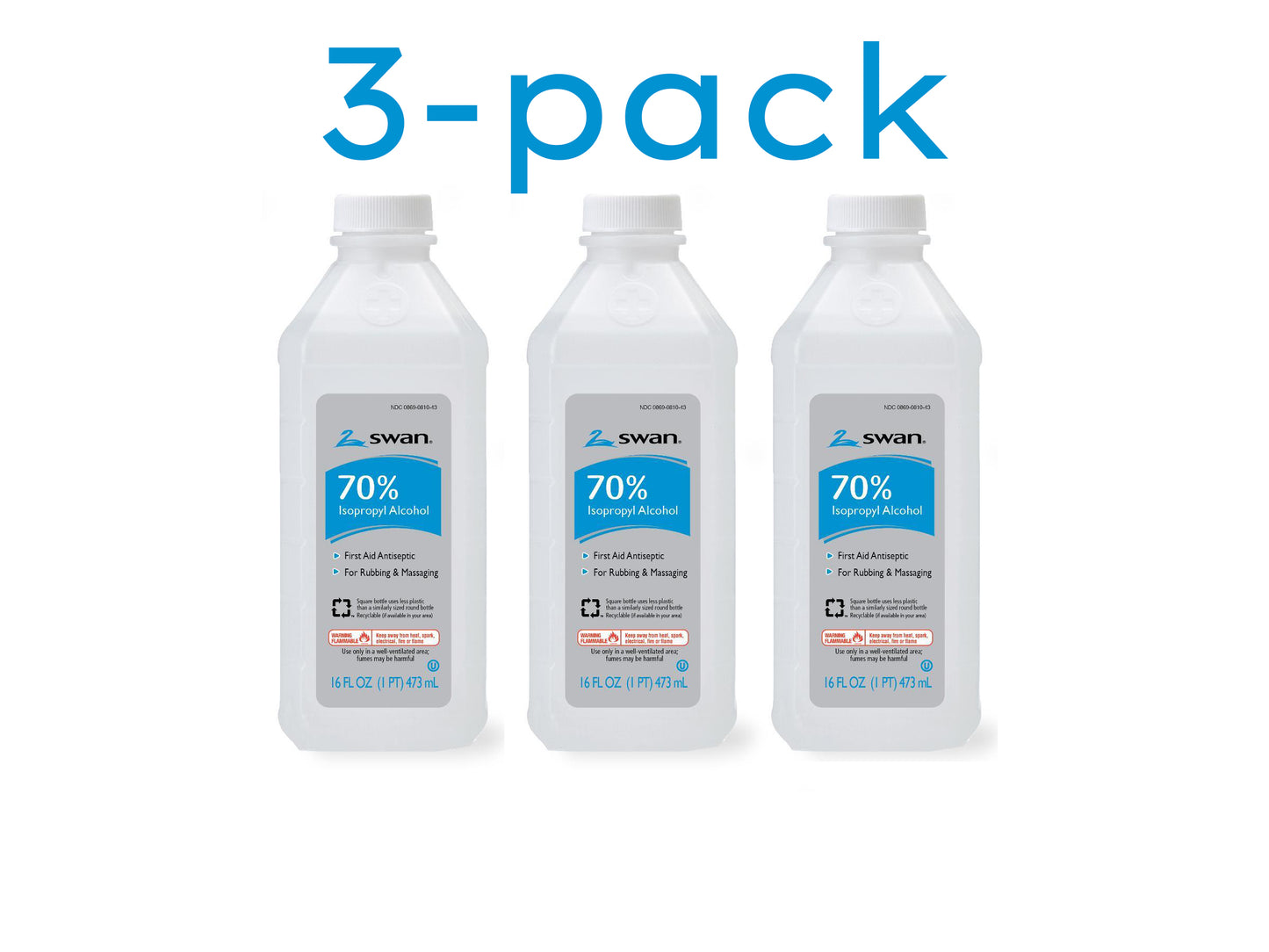 Swan Isopropyl 70% Rubbing Alcohol - 16oz bottles - 3 PACK