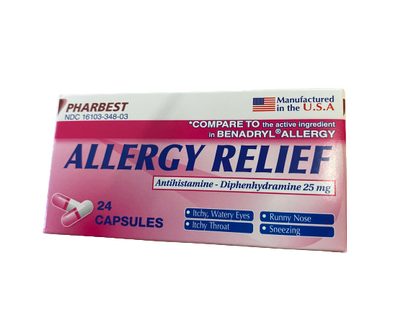 PHARBEDRYL ALLERGY RELIEF DIPHENHYDRAMINE HCL 25MG CAPS 24CT