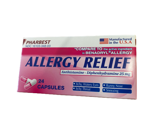 PHARBEDRYL ALLERGY RELIEF DIPHENHYDRAMINE HCL 25MG CAPS 24CT